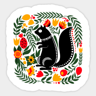 Folk Art Squirrel with Bright Flowers and Leaves Sticker